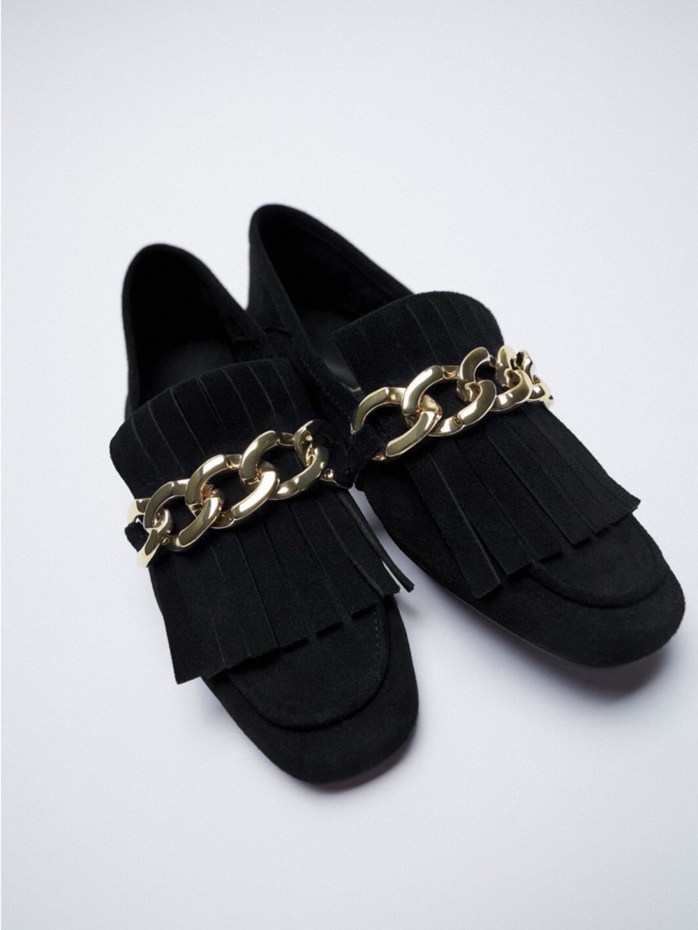 Zara Black Suede Loafers with Gold Chain Fringe
